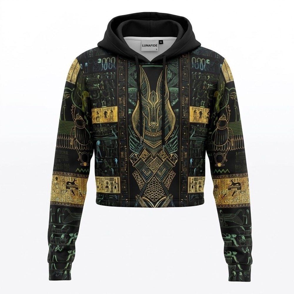 Anubis Ancient Egyptian Hieroglyphic Crop Hoodie Rave Festival Egyptcore Wear M